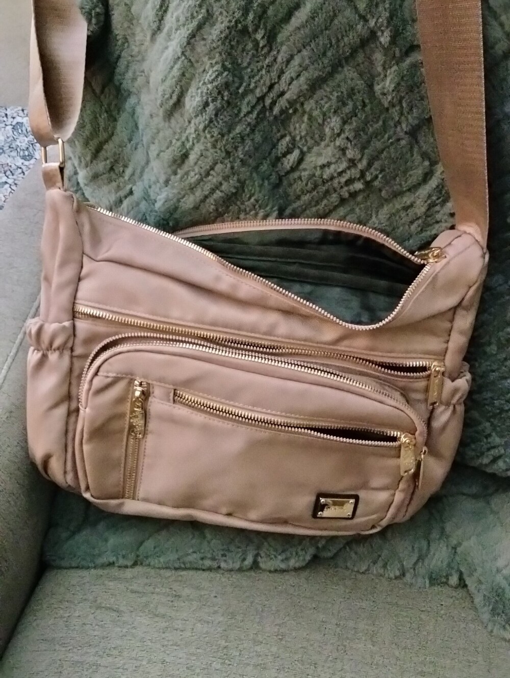 Neutral Beige Crossbody Shoulder Bag with Gold Hardware